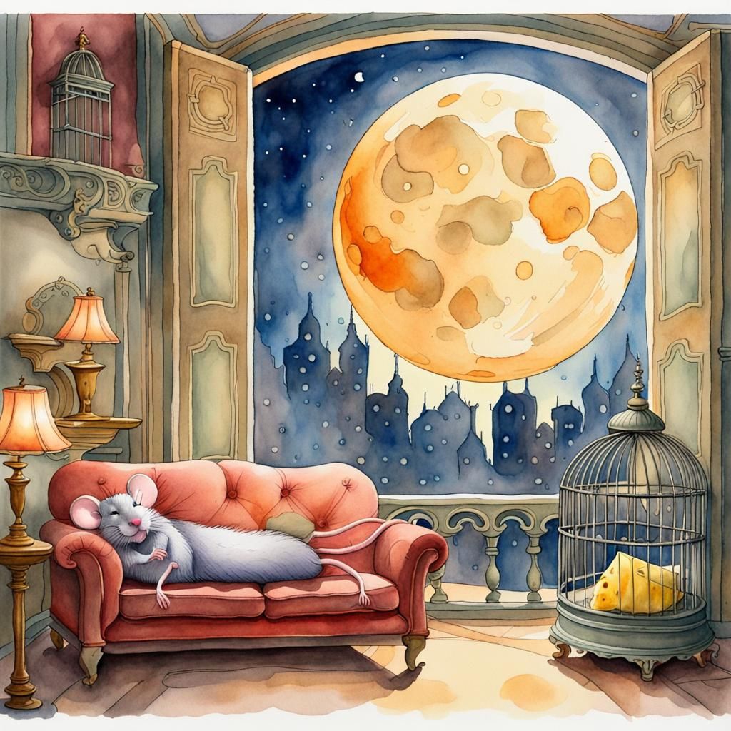In colorful architectural watercolor painting of a mouse lyi...