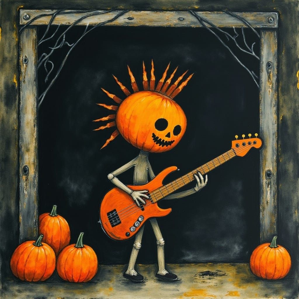 <lora:Painting:1.0> renaissance painting, brushstrokes, garage, pumpkin-head playing a guitar in a garage on halloween, mohawk, pumpkin head...