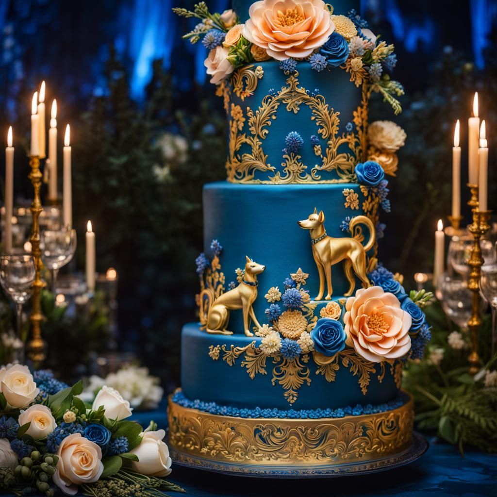 Magical wedding cake in blue ice and gold colors, with detailed flowers and dogs. Walne, Kathleen. Vorticism. ...  by @Rage