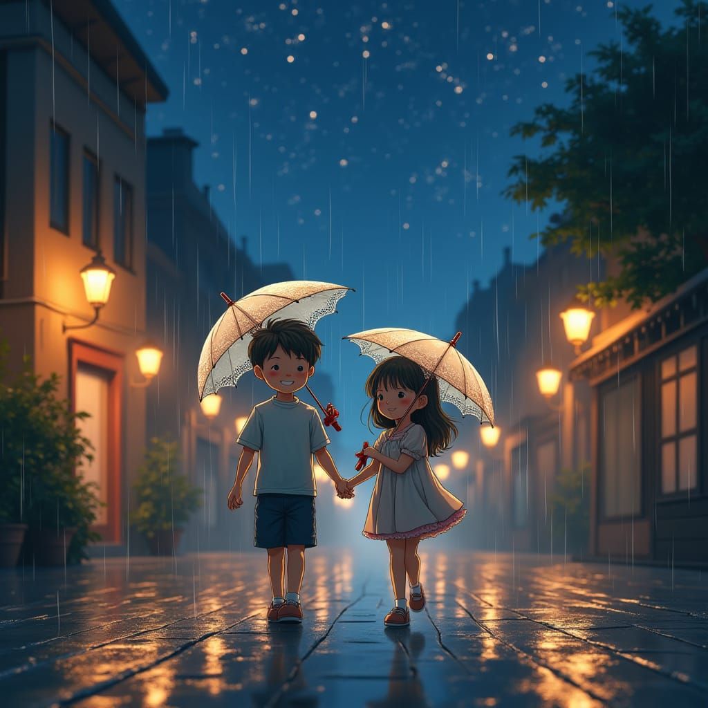 "Anime-style romantic scene on a quiet street at night with soft streetlights and twinkling stars. A boy and girl walk hand in hand under an...