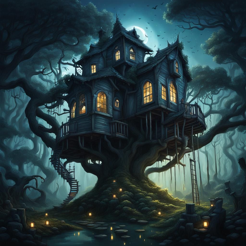 Sinister Treehouse in a Surreal Night Garden