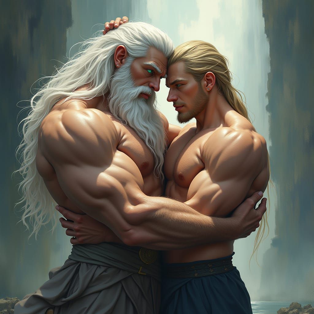 Muscular Men in Dreamlike Embrace