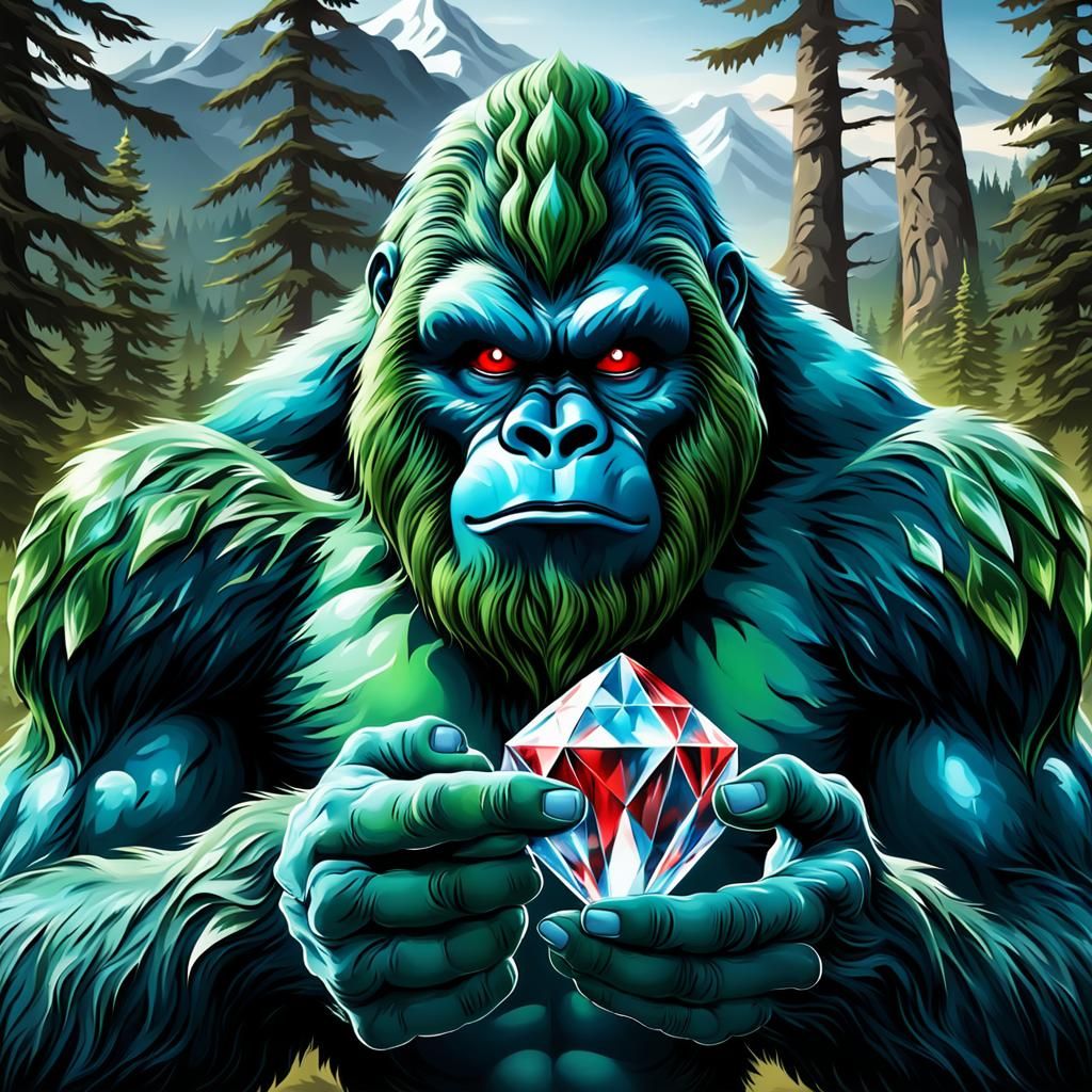 Realistic green and blue color Bigfoot holding a diamond liq...