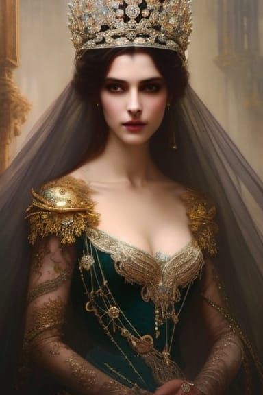 Beautiful Woman in a lace gown and lavish crown,  jeweled ma...