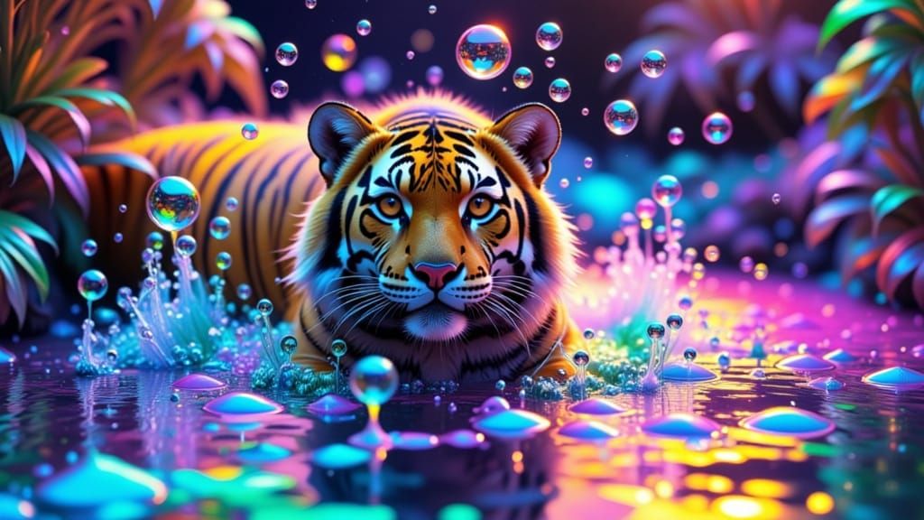 million bubbles, fluorescent fountains water runs, a big cat splashes water, Glowing and shimmering landscape of bubbles trees <lora:Zeste-C...