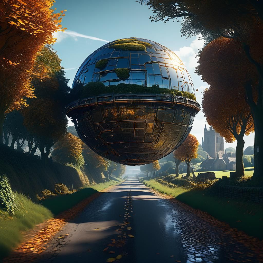 Cybernetic Dyson Sphere rolling down a country lane in Engla...