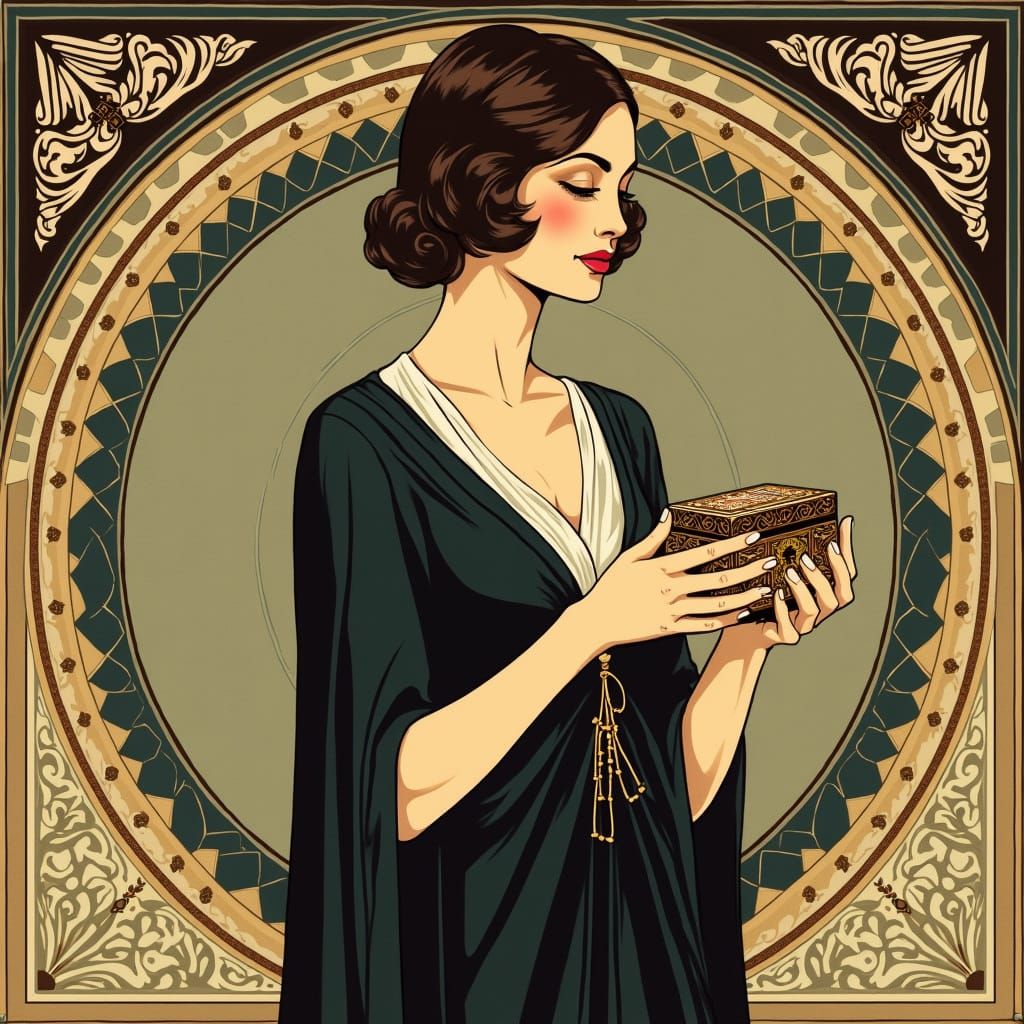 Art Deco Woman with Ornate Box in Art Nouveau Style