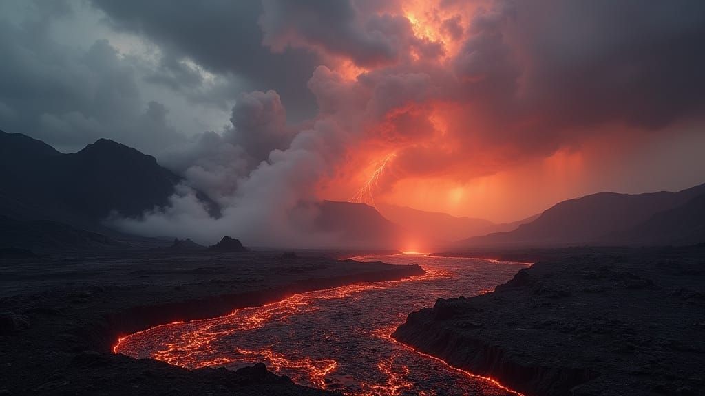 A dramatic, stormy sky over a desolate volcanic landscape, where rivers of molten lava flow like fiery serpents. The air is thick with ash a...