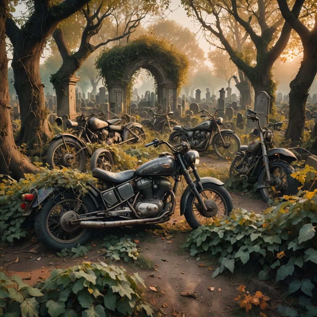 Surreal Medieval Motorcycle Cemetery in Pointillist Style