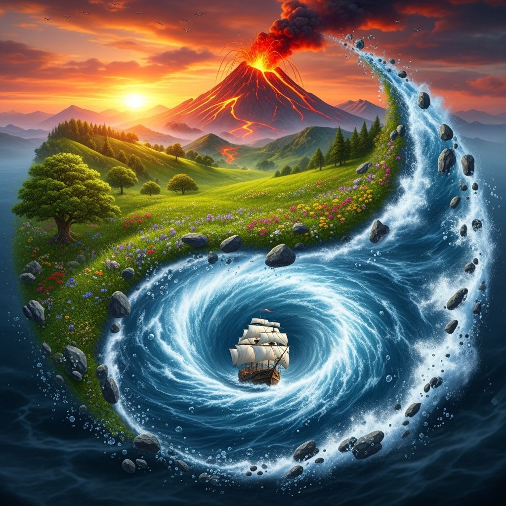 Yin-Yang Landscape with Volcano and Ocean Whirlpool