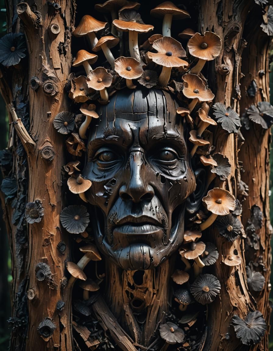 A rotten wood sculpture of a head in a lodge, mushrooms, bla...