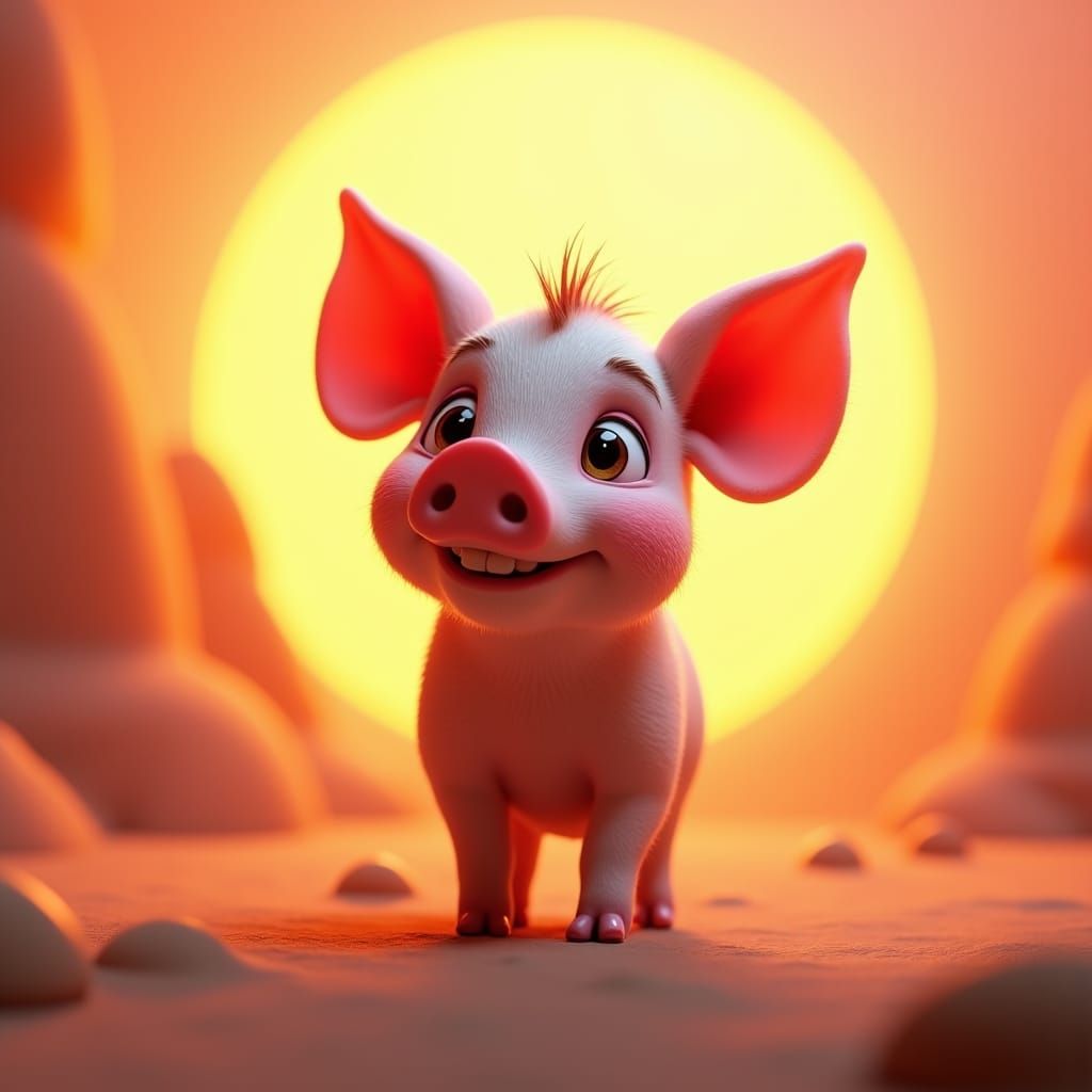 Curious Piglet in a Sunset, Pixar Style