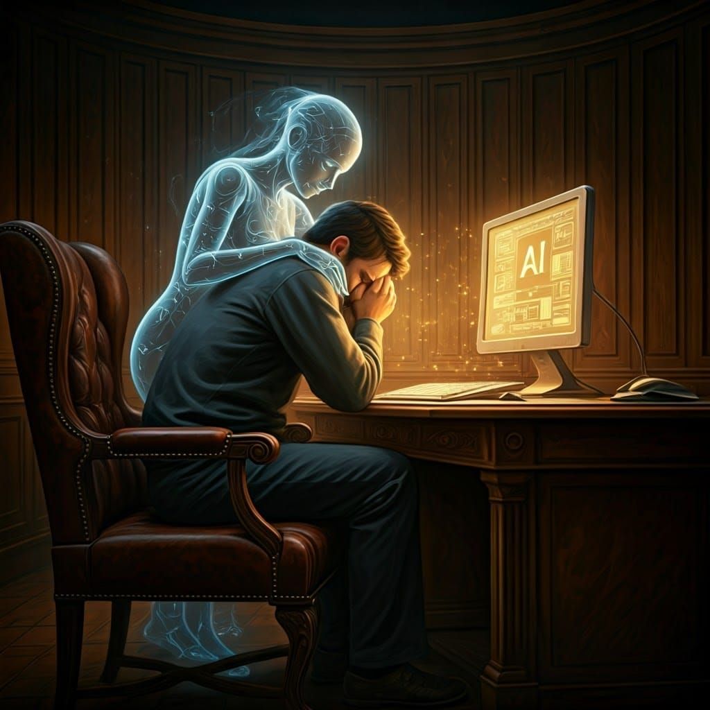 An artificial intelligence character emerges from the computer and hugs a sad man sitting across from her  by @undefined