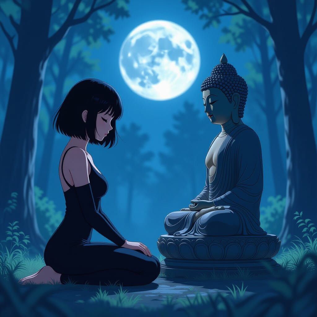 Anime Woman Kneels Before Buddha Statue in Moonlit Forest