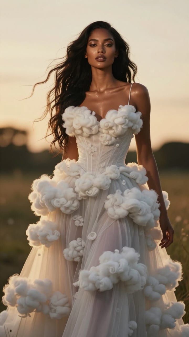 Avant-Garde Model in Cloud Gown at Golden Hour