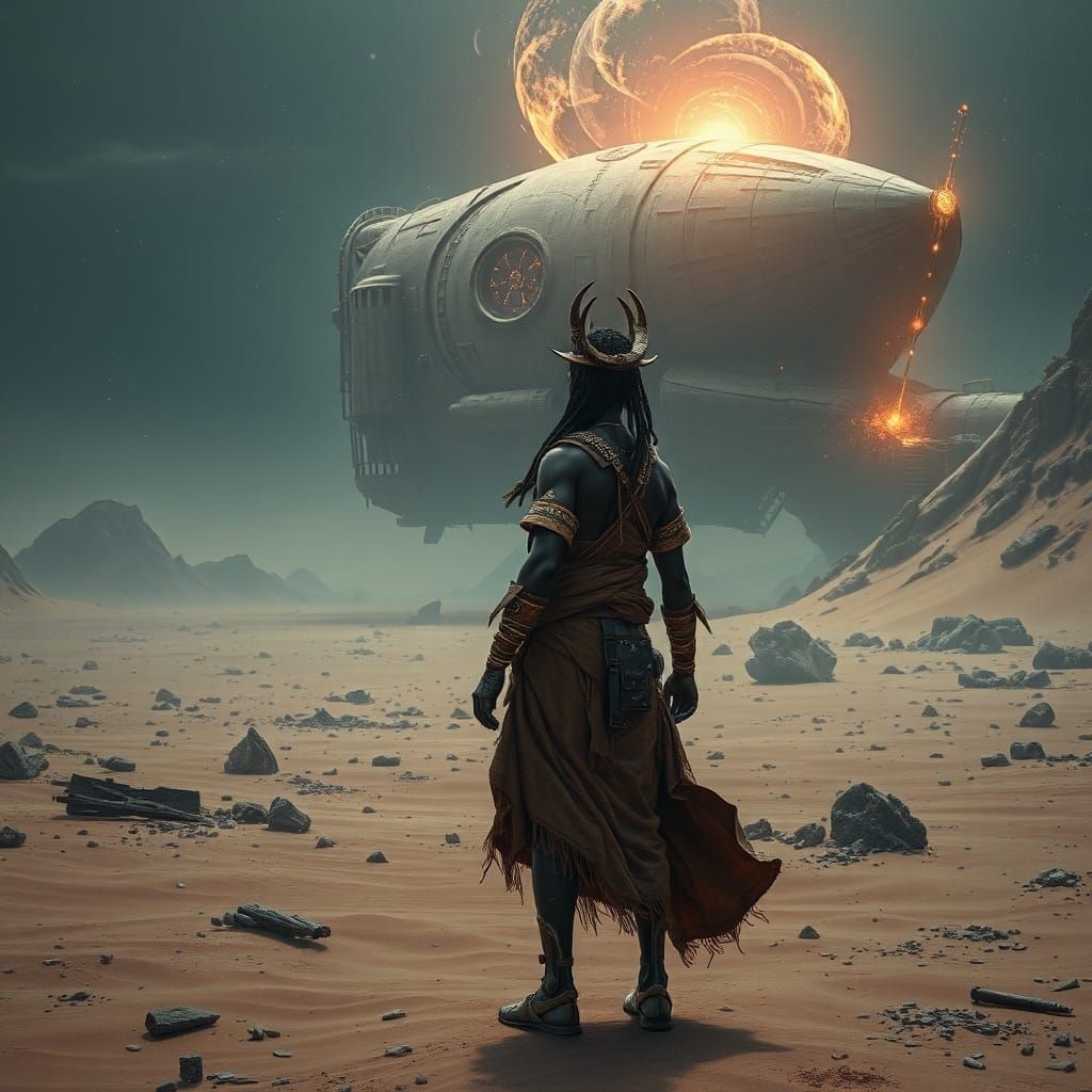 A lone African warrior, adorned with intricate tribal markings and cybernetic enhancements, stands on a desolate alien planet, gazing at a c...