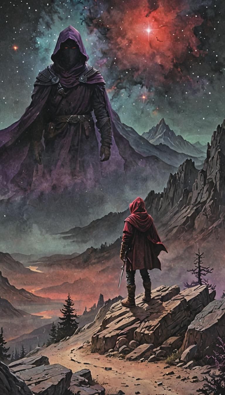 Dark Fantasy Traveler Gazing at Misty Mountain