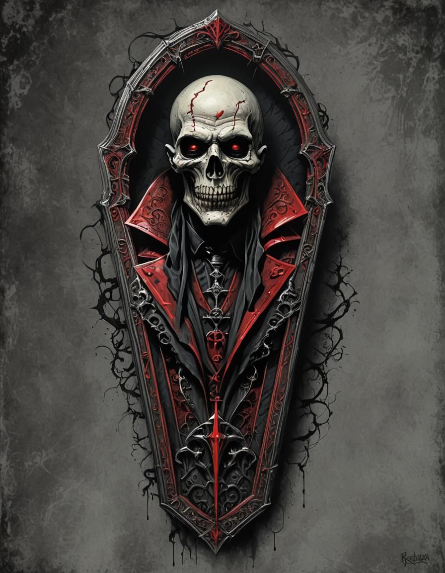 gothic coffin old horror dark vampiric black and red design