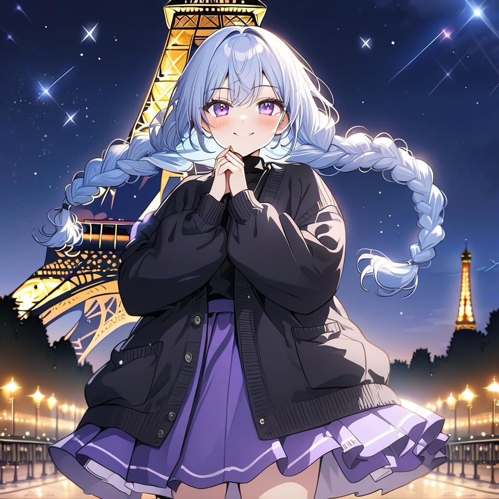 Anime Girl with Braids in Paris at Night