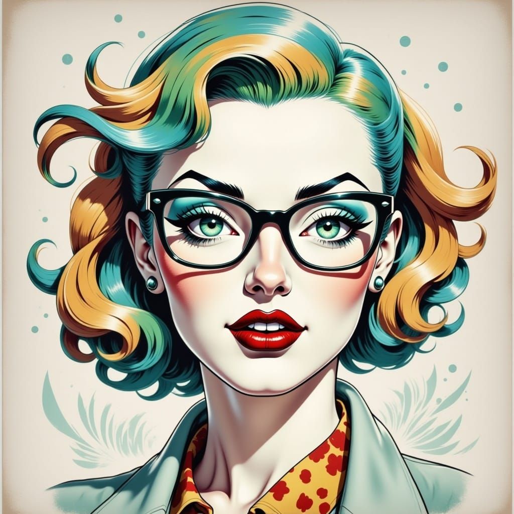 1950s woman <lora:UlStyle:1.0> in glasses, Abstract, Geometric, primary colors, secondary colors, Vector illustration, white canvas, Portrai...