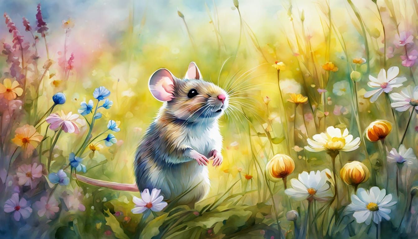 Adorable mouse long exposure Digital watercolor Illustration of a beautiful flower meadow fantasy Adorable ...  by @Mr Classics