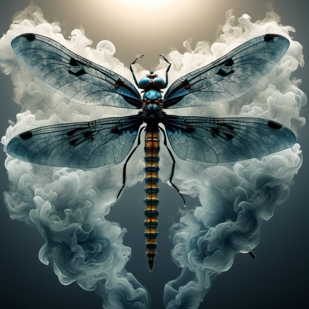 <lora:HRH-smoke-v2:1.0> hyper detailed three dimensional Dragonfly made entirely from luminous star filled smoke 