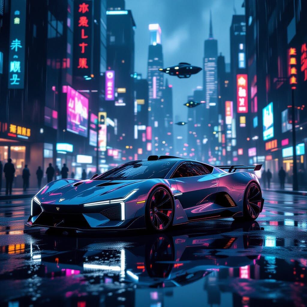 Futuristic Car in Neon Cyberpunk Metropolis