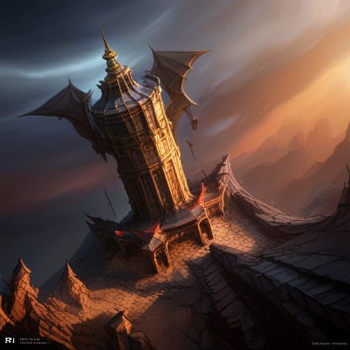Dragon with 8 wings attacking a Tower