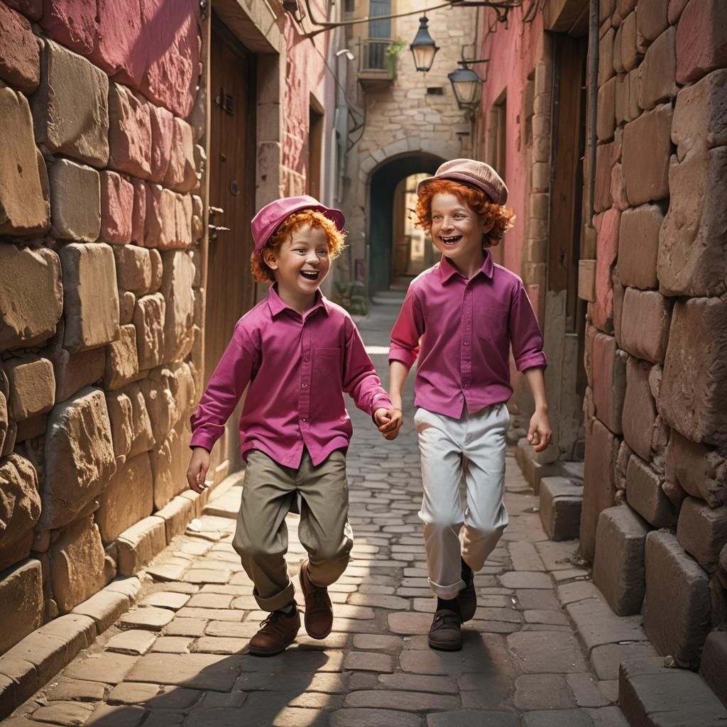 Ginger Hasidic Boy Playing in Whimsical Alleyway