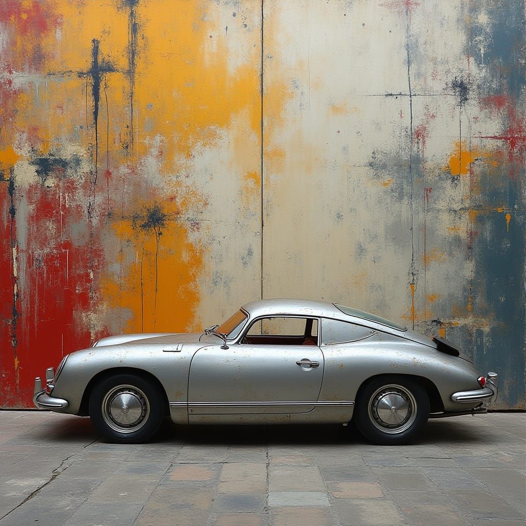 Retro Car with Abstract Backdrop in Granular Style