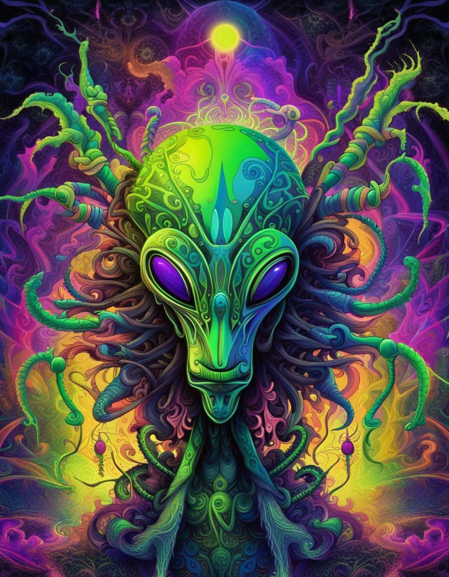 An alien digital psychedelic world and a mysterious alien ma...