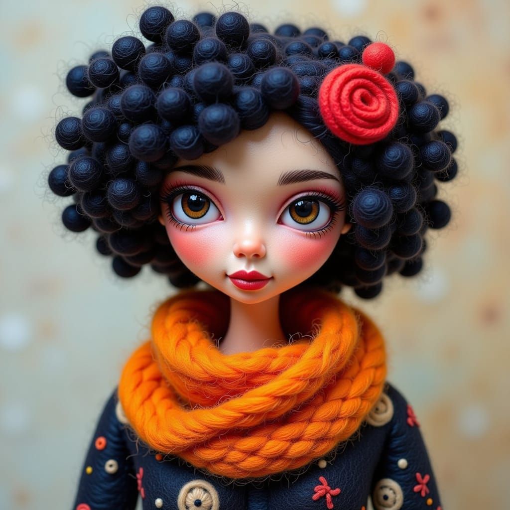 <lora:WOOLEN WORLD FLUX:1.0> <lora:Felted Wool Flux:1.0> <lora:Gummy World:1.0> <lora:dotty2:1.0> portrait felt , needle felt , woman beauti...