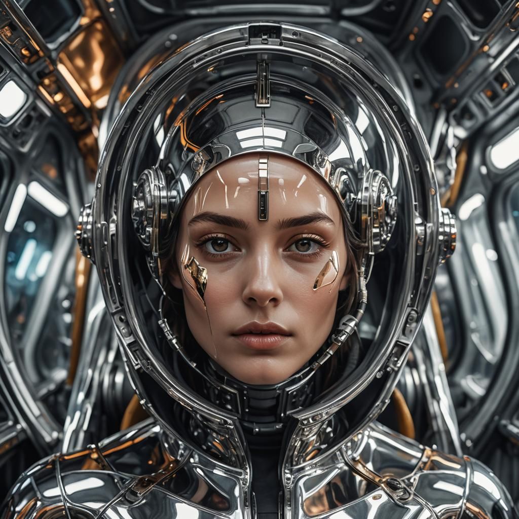 biomorphic female with a mirror-like face,