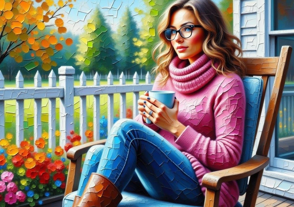 Expressionist impasto close-up painting from a low angle of a lady with beautiful wavy brown hair, wearing round-rimmed glasses, blue eyes....