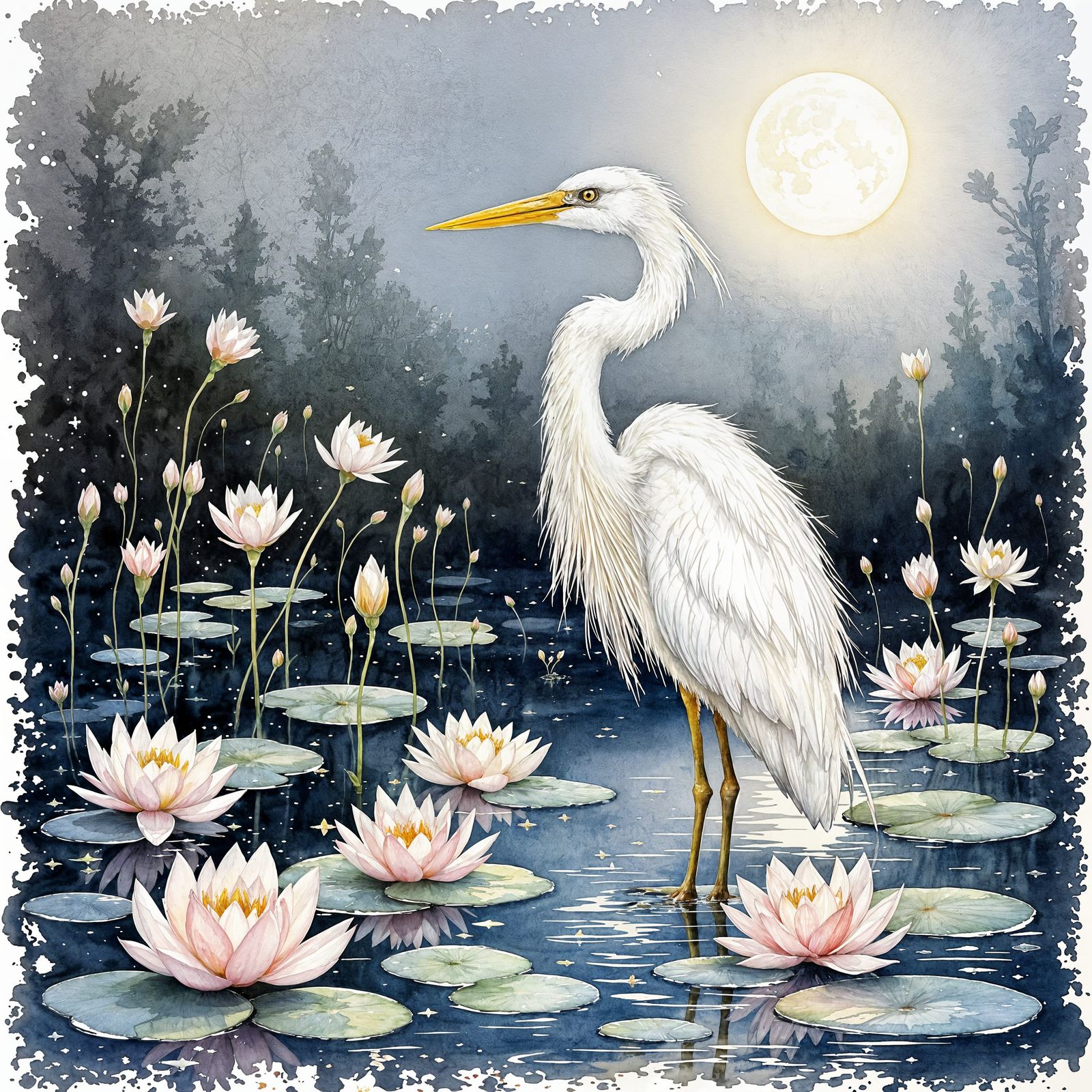 Ethereal Watercolor Heron Amidst Lilies Under Full Moon