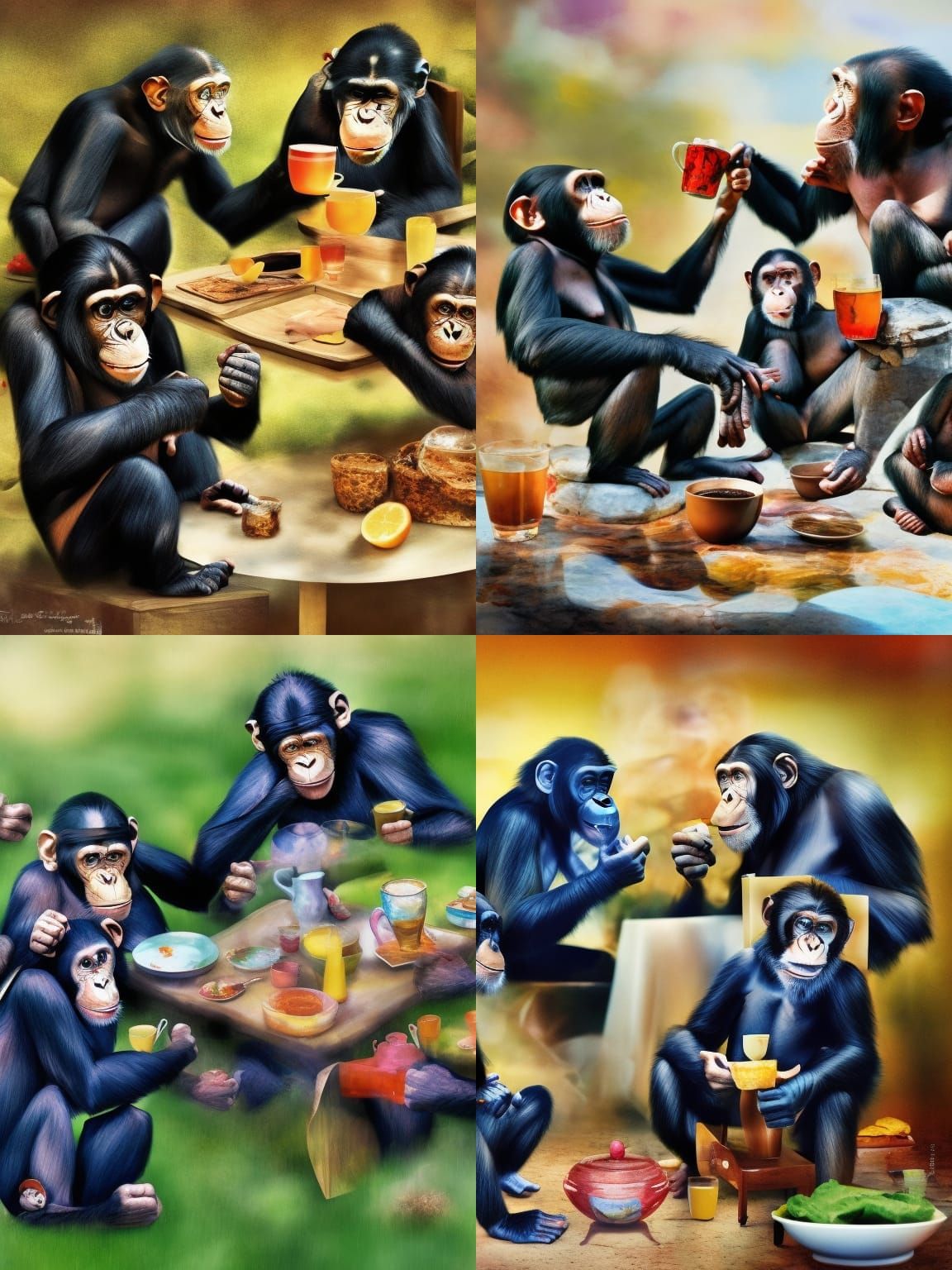 A chimpanzee having a tea party with friends. Hyperrealistic, splash ...