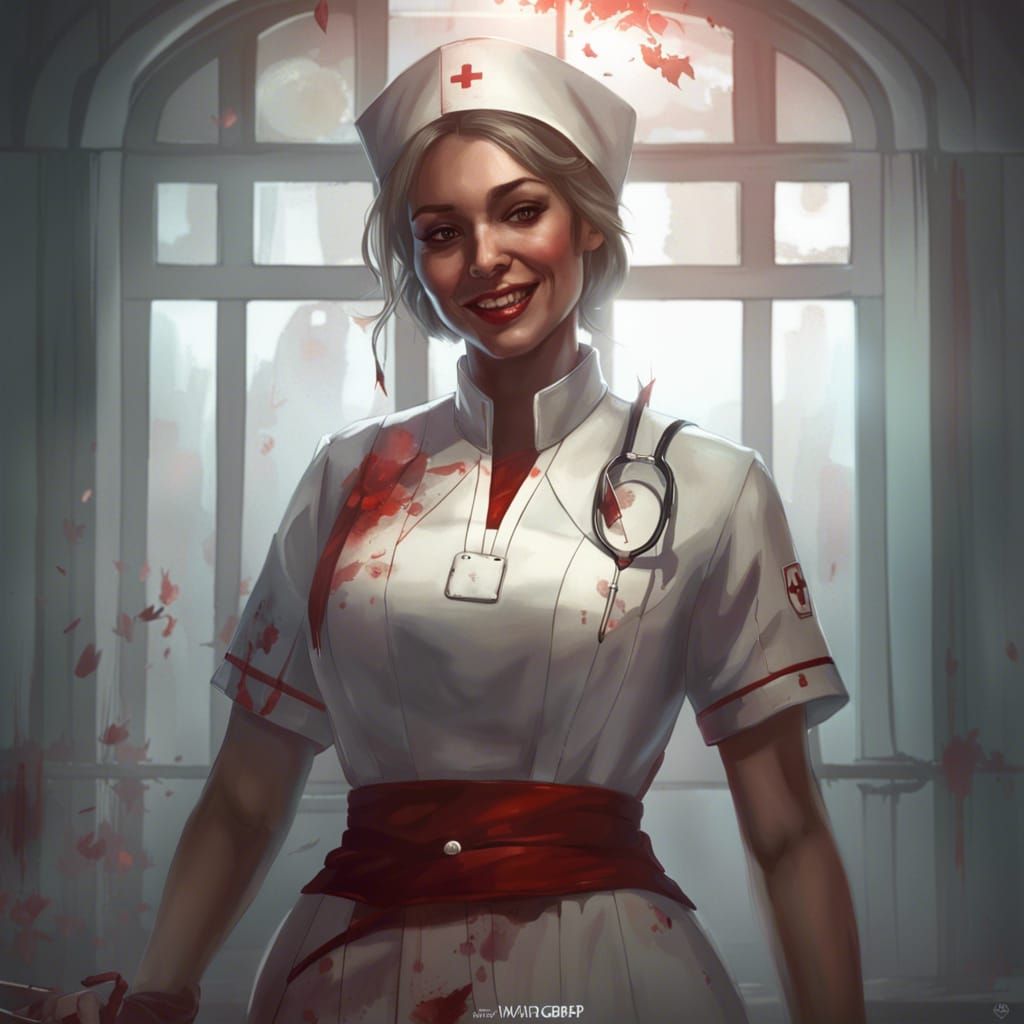 A nurse with a sinister smile  on her face wearing a traditi...