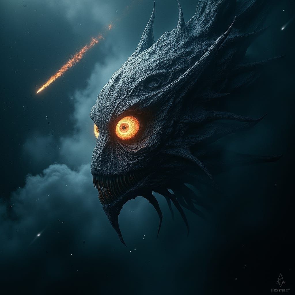 A giant monster head in space as a comet flies by. <lora:Dark Portraits:1.0> 