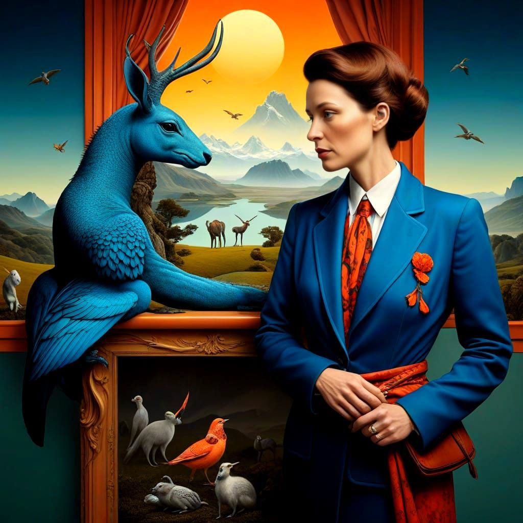 Surrealistic Landscape with Fantastic Creatures in Vibrant C...