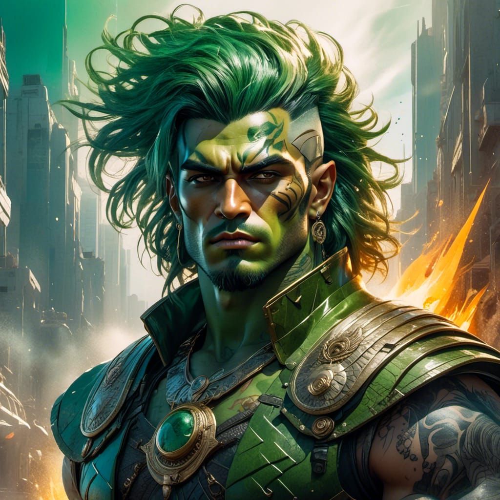 <lora:CUD-Male:1.0> waist up portrait Gorgeous tattooed green male pin up orc warrior with attractive outfit, wild hair, sinister and powerf...