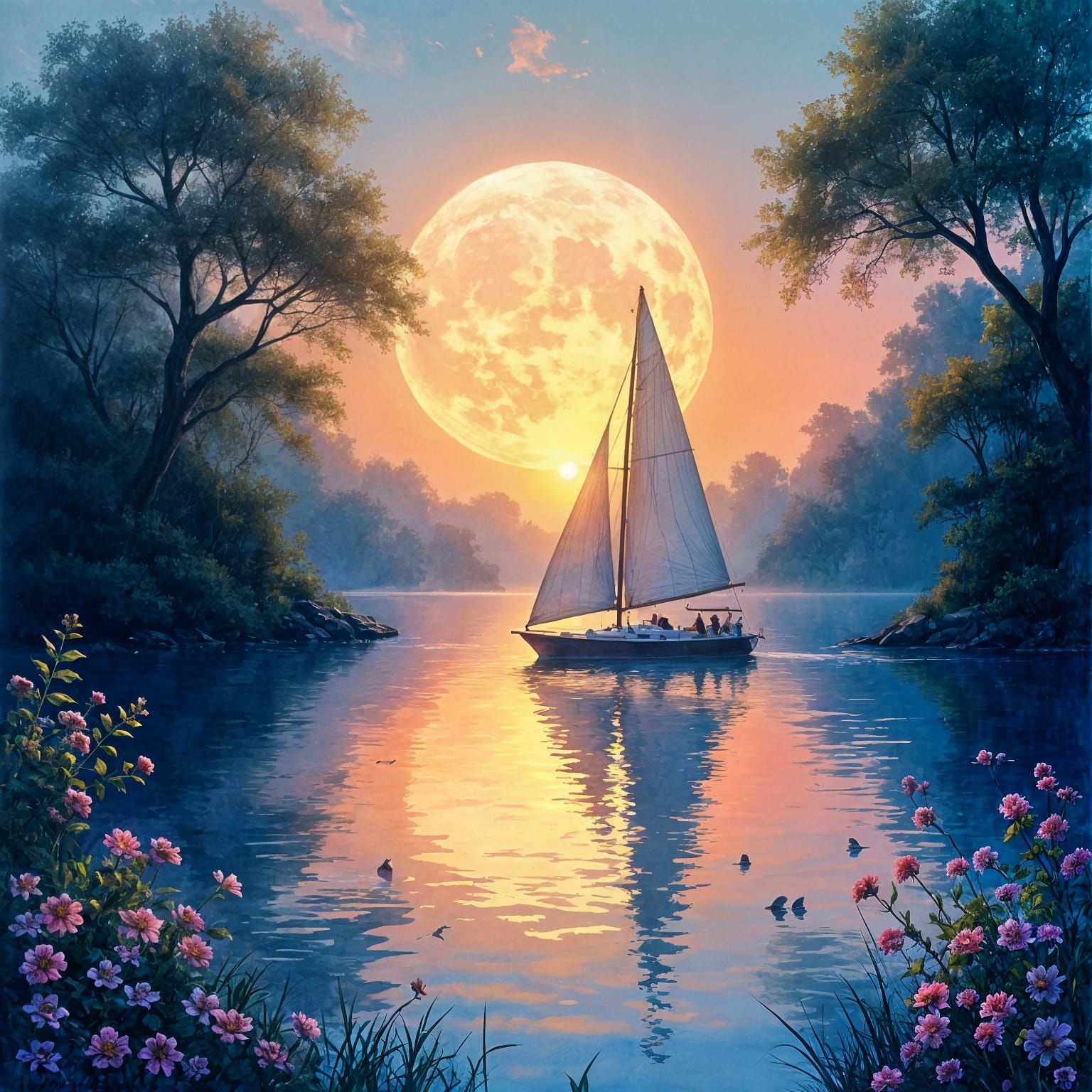 Beautiful boat on sparkling moonlit waters. Nighttime Digital watercolor Illustration of a summerscape ...  by @justanotherperson