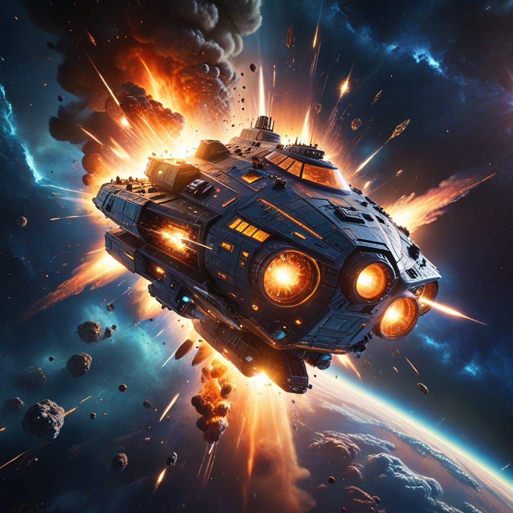 Spaceship Explosion in Nebula: Pixar Style Digital Art