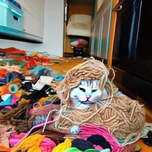 A cat hiding in a yarn mess