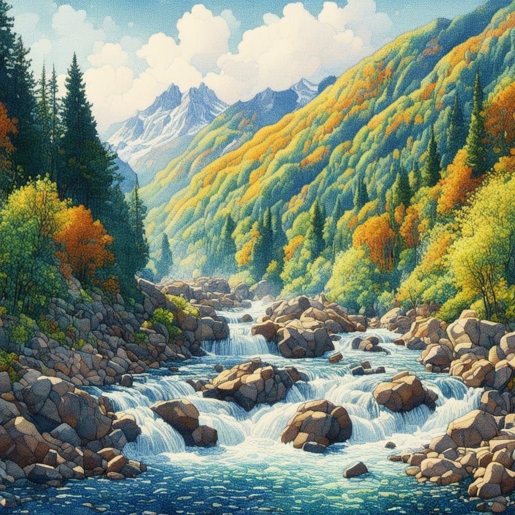 <lora:LightFauvismXL:1.0> Waterfall and mountains, watercolor painting