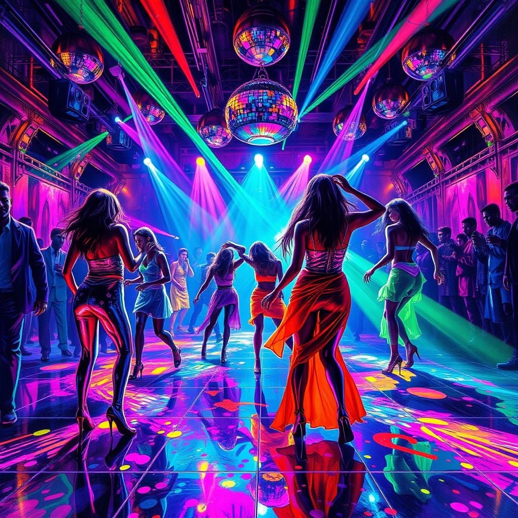 A dazzling, pulsating dance floor illuminated in a mesmerizing array of neon colors, packed with electrified ...  by @SpiritualSoul