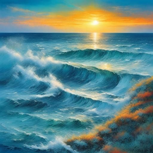 <lora:Spin Glow SD15:1.0> blue ocean with sun almost set