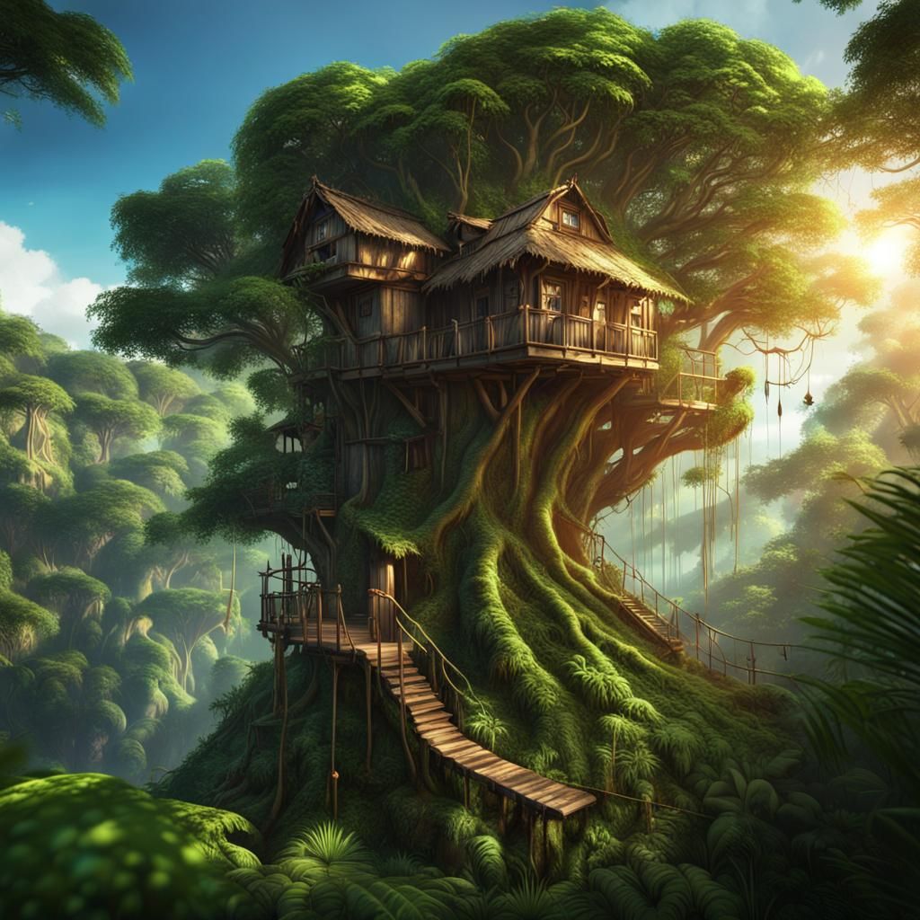 jungle with epic sunlight with a beautiful tree house in the...