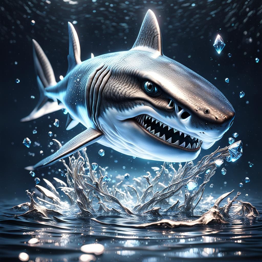 hyper realistic water  shark  made of of diamond and silver ...