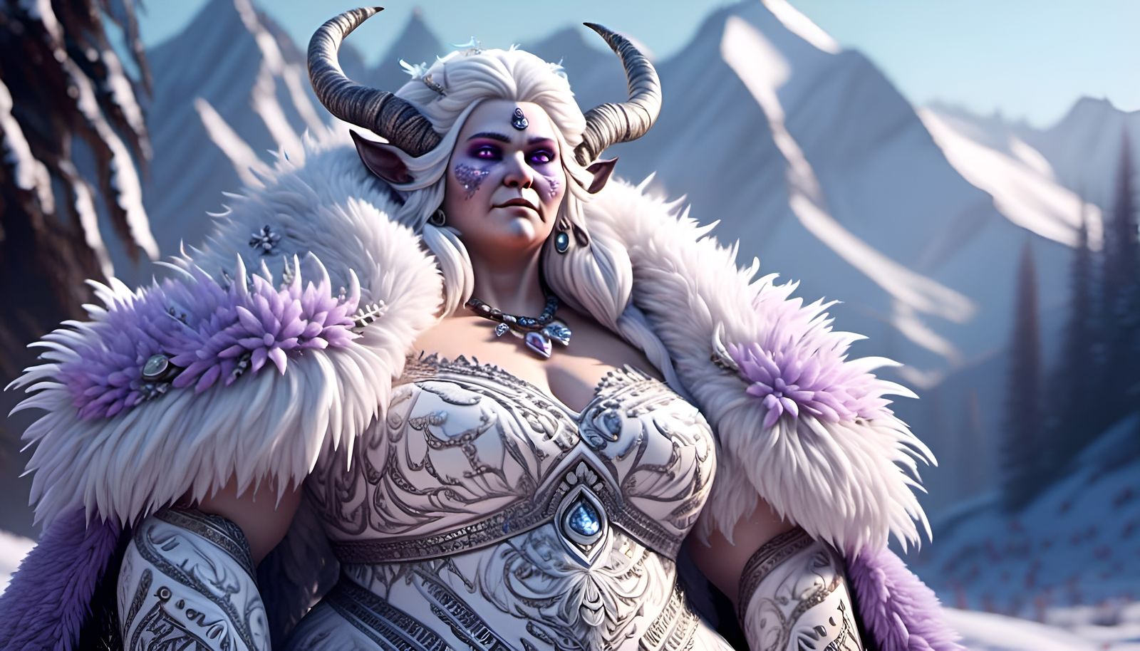 <lora:Mystical Fantasy:1.0>  A plus-sized female yeti with pale skin, white hair, large horns and lavender eyes wearing a white tribal gown...
