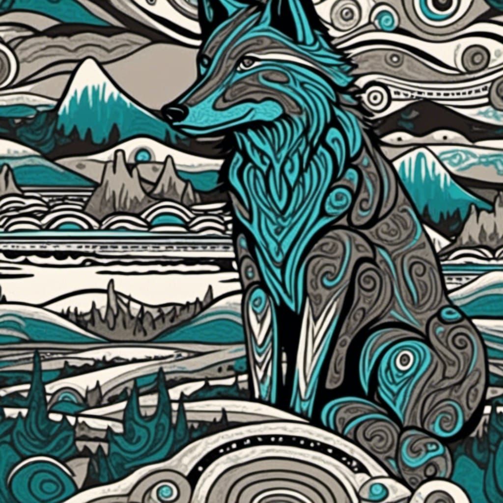 <lora:HaidaStyle:1.0> a wolf in Black teal and grey Haida style 